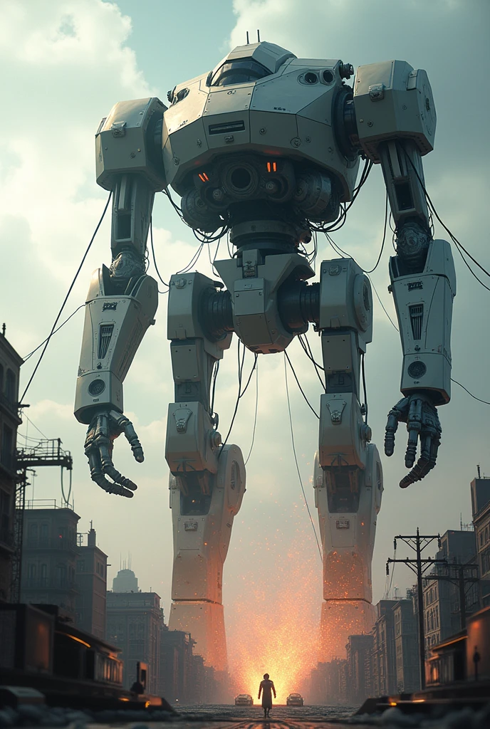 A giant robot on stilts is sucking electricity from the city  