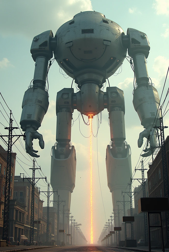 A giant robot on stilts is sucking electricity from the city  