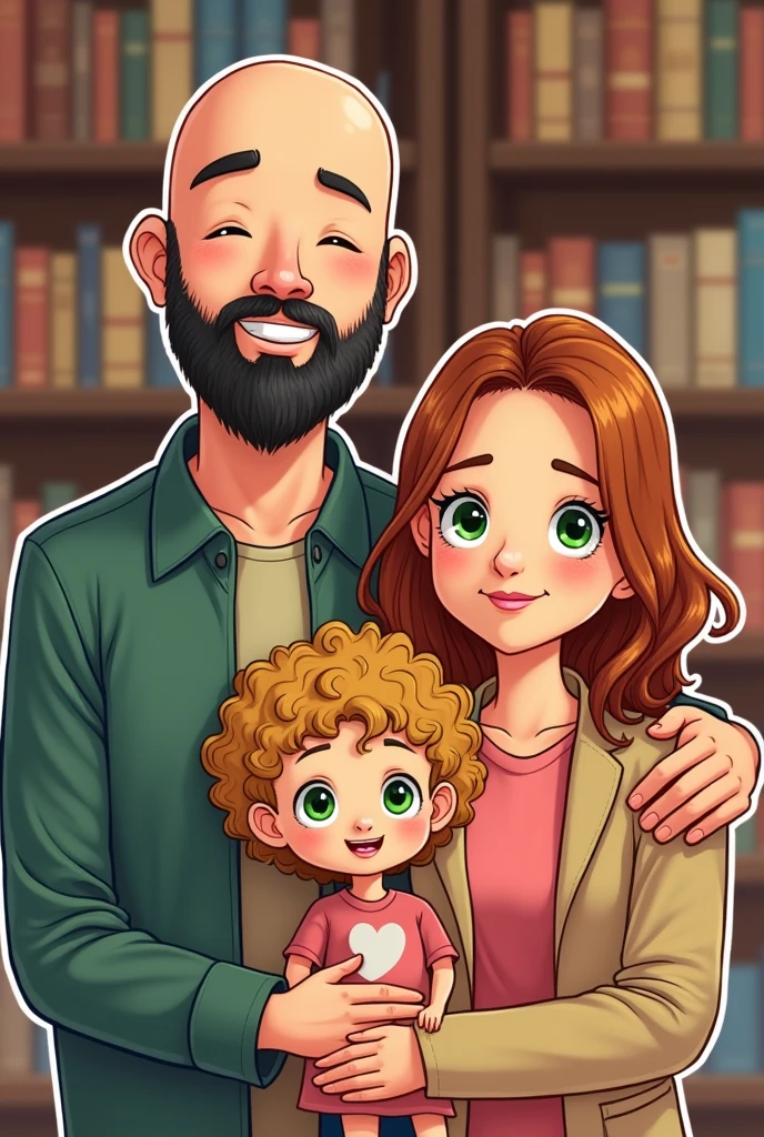 a tall father, offwhite, calvo, black beard, greeneyes ao lado de sua esposa, white, auburn brown hair, smooth with no bangs, partido no meio e greeneyes ao lado de sua filha mulher adulta, white, greeneyes, curly and blonde hair. sticker style illustration, bookstore background