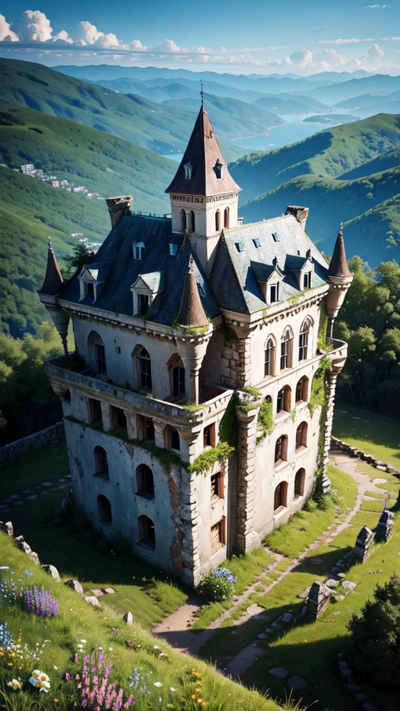 View from afar and from above of an abandoned castle, almost destroyed, deteriorated, with weeds and flowers of many bright colors growing on its walls and fences. Located on top of a mountain. Super detailed image.