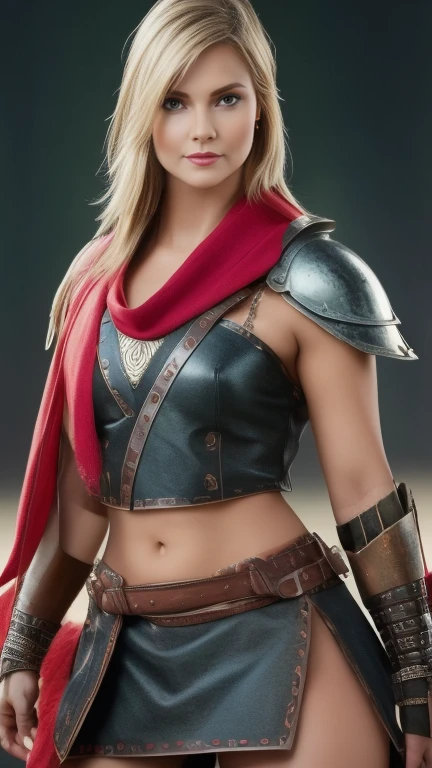 ((masterpiece, highest quality, Highest image quality, High resolution, photorealistic, Raw photo, 8K)), ((Extremely detailed CG unified 8k wallpaper)), (huge stunning goddess shot, very hot and sexy, jaw-dropping beauty, perfect proportions, beautiful body, slim body beauty:1.4), arafed woman in armor holding a sword and shield, portrait of a barbarian female, north female warrior, a very beautiful berserker woman, north adult female warrior, female barbarian, female warrior, portrait of a barbarian woman, barbarian warrior woman, very beautiful female barbarian, barbarian class, portrait of a woman warrior, rpg portrait concept art, (beautiful warrior, holding short sword and small shield, Wearing a red scarf, leather armor), (blonde hair, blue eyes, dark skin), (amphitheatre, Fighting while being watched by the crowd, motion blur), movie poster, large "INFINITY" written at bottom of screen,