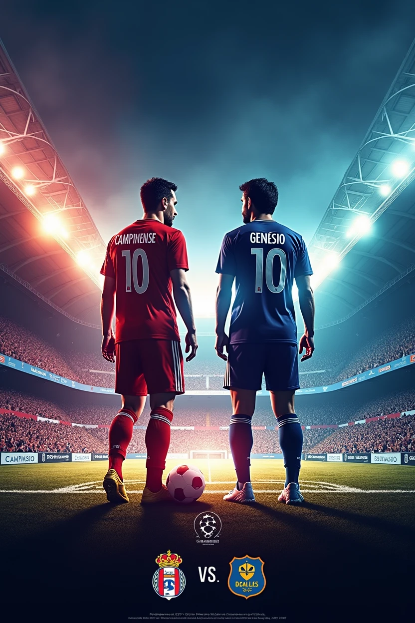 make a football sports flyer, with a champions league stadium in the background, team CAMPINENSE against team GENÉSIO. Number 10