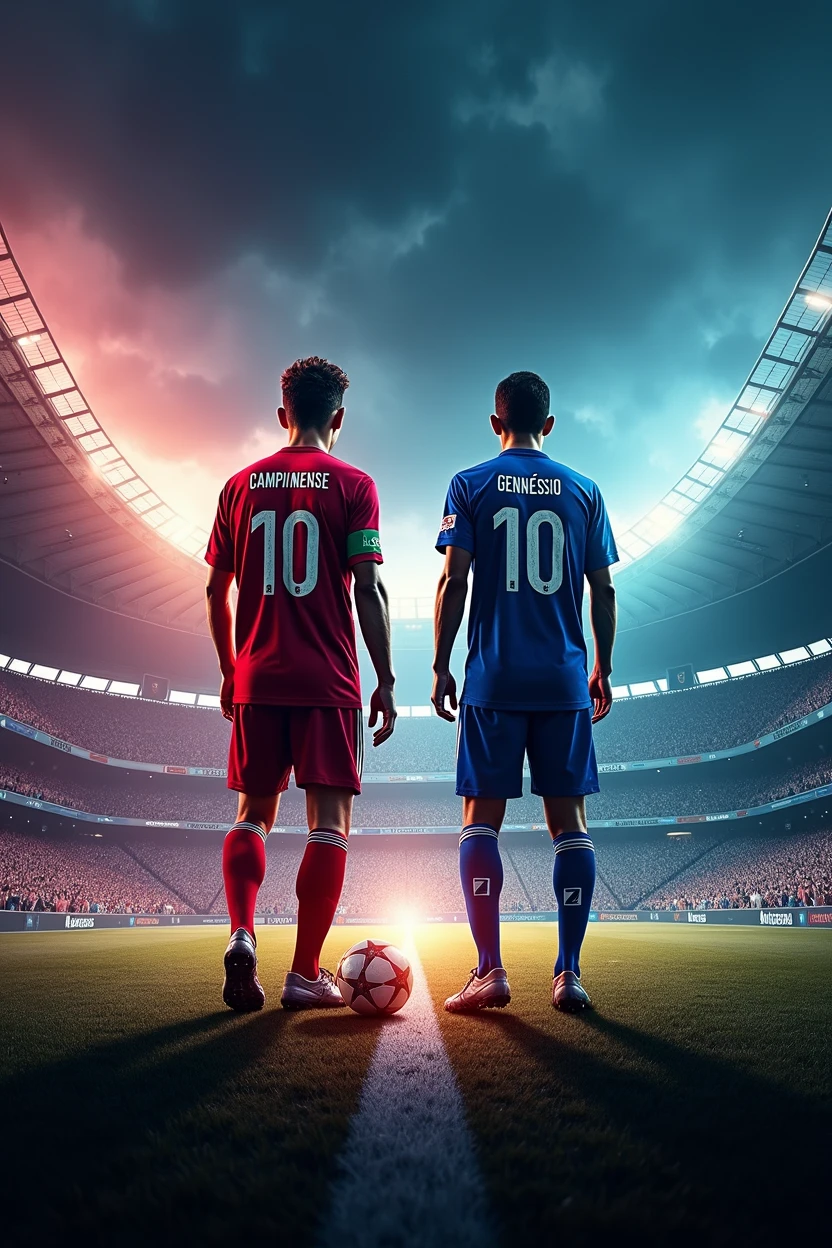 make a football sports flyer, with a champions league stadium in the background, team CAMPINENSE against team GENÉSIO. Number 10