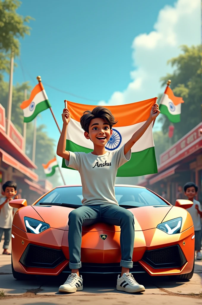 realistic Indian 18 year old boy sitting on Lamborghini car Holding Indian flag and celebrating India festival happy independence day with background of blue sky in Indian Street boy wearing pant, white t-shirt with name”anshu”style hair on it by the way childrens are holding Indian flag playing round, smart, shoes, some children also playing, and someuncles drinking tea at a shop. also a text written “Happy independence day”at top, 3D art painting real photo wit high resol