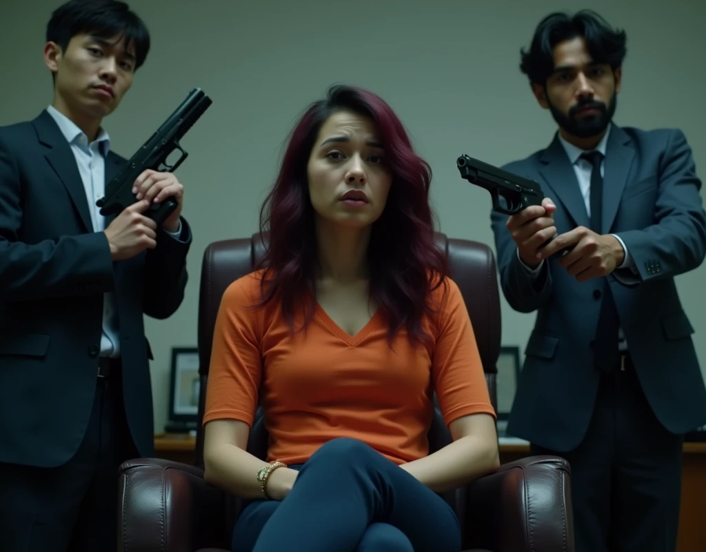 185 cm tall, 25-year-old twin males, short wavy hair, Indian features, holding guns, both standing to the behind on either side of a 24-year-old woman sitting in an interrogation chair with Caucasian-mixed race features with pained expression, bullet wound in shoulders vibrant maroon side parted wavy medium length hair and light skin wearing orange top and navy pants in office, dark lighting, photorealistic, cinematic