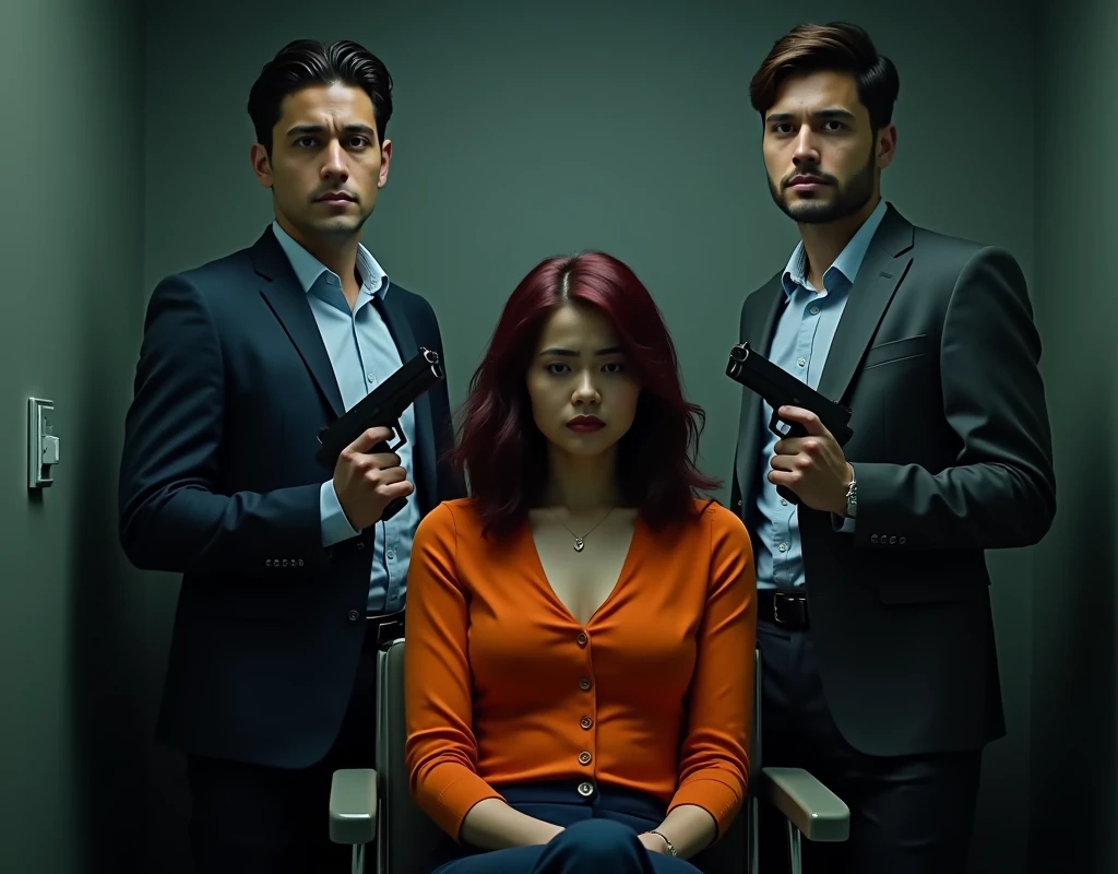185 cm tall, 25-year-old twin males, short wavy hair, Indian features, holding guns, both standing to the behind on either side of a 24-year-old woman sitting in an interrogation chair with Caucasian-mixed race features with pained expression, bullet wound in shoulders vibrant maroon side parted wavy medium length hair and light skin wearing orange top and navy pants in office, dark lighting, photorealistic, cinematic