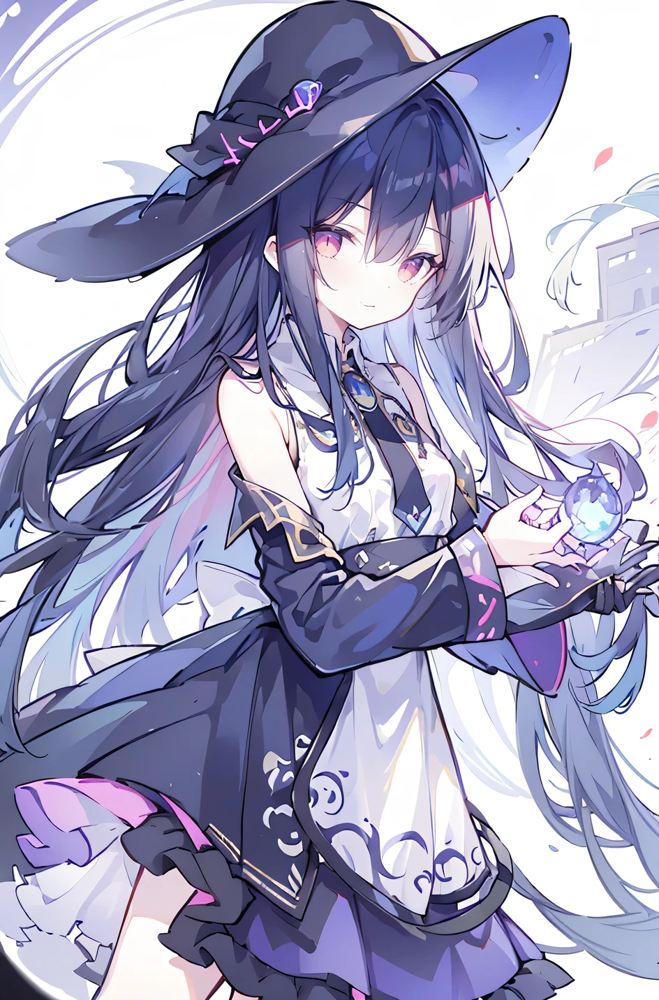 oung Girls,Humanity,A magician always smiles,big witch hat,cute,dark blue long hair,The eyes are dull,The bangs are heavy,Thin eyebrows,fantasy,intake,Double teeth,Star Theme,Constellation pattern,Solid color clothetal decoration,cloak,A bit of a dark atmosphere,A little crazy smile,When the big moon shines outside at night,blood,Hair black star embellishment,Short tie,No nails,High waist skirt,Bell sleeves,Long-sleeved shirt,Black tie,low risk,gentlemen。Mist、Yellow and white effect，Shocking pink as an accent color