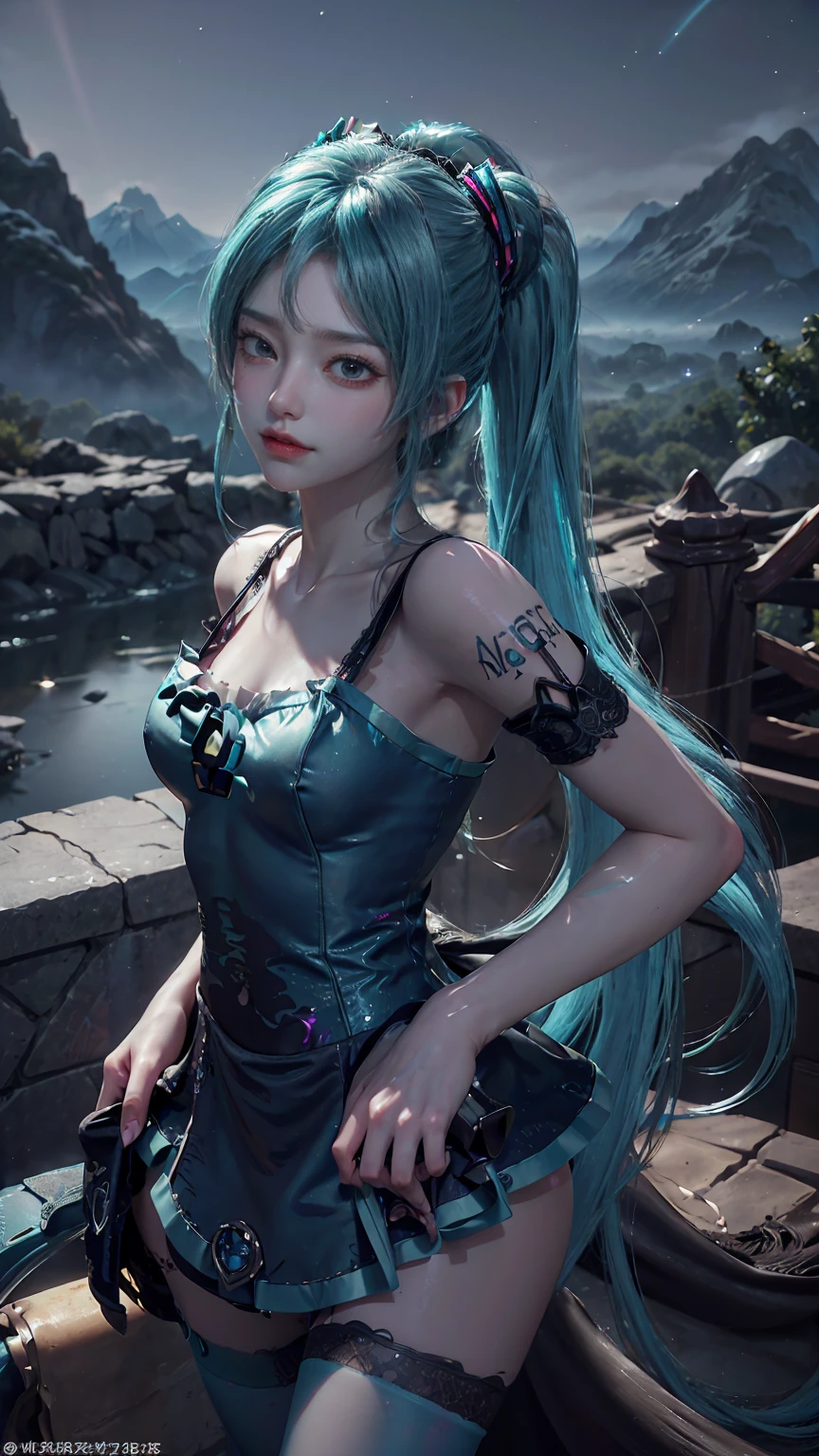 masterpiece,Game Art,Best picture quality,Maximum resolution,8k,(Upper Body,ambush),Unreal Engine 5 rendering works,Ray Tracing,RAW photos,(((Hatsune Miku Character))), (((Tosca Hair Color))), ((Long double ponytail hairstyle)), Enjoy the scenery, Focus on the Horizon, (((Perfect eyes))), (((Smile))), 21-year-old girl, Perfect body, (((Perfect anatomical structure))), Tosca Eye Color, Double eyelids, (((Small breasts))), Very detailed skin texture, (Realistic skin), Ultra-fine face, Delicate lips, (((Delicate eyes))), (((Double eyelids))), necklace, Moist skin, Wet hair, Simple background, (Front focus), (On the peaks:1.6), (((Night Atmosphere))), Deep Dark, Surrealist Portraits of Women by David Hockney and Alphonse Mucha, Fantasy Art, (((Photo-realistic))), ((Dynamic poses)), (((World Model Poses))), Dynamic Lighting, Art Station, poster, Volumetric Lighting, Very detailed faces, 4K, in the darkness, (((Night Atmosphere))), ((Deep Shadows)), Low profile, Cowboy shooting, (((Red long skirt))), Lighting Dress, (((Erotic lace dress))), (((stocking))),((3D Unreal Engine)),OC rendering reflection mode