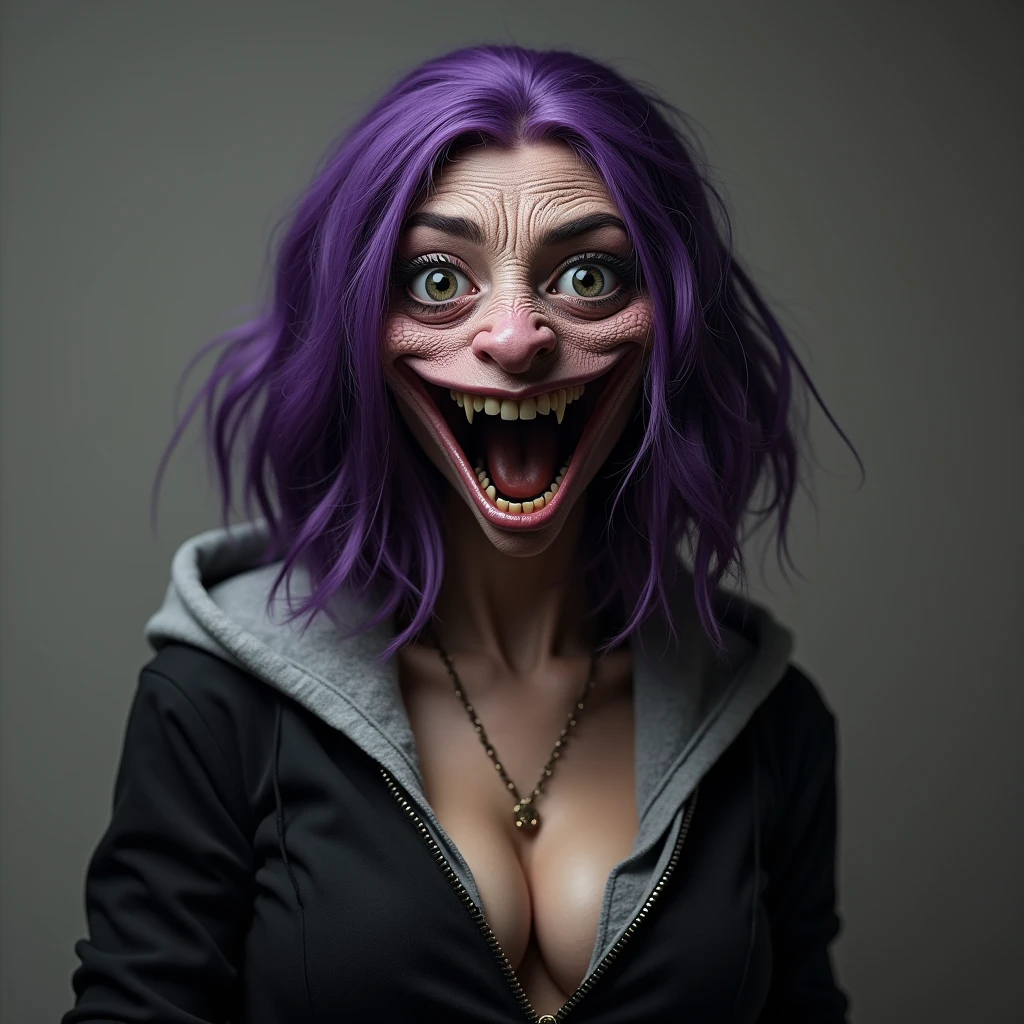 anthropomorphic snake woman, snake girl, slit nostrils, snake face, scales, reptile scales, no teeth visible, eyes wide with horror, mouth wide open, shoulder length purple hair, big snake eyes, wearing black zip jacket, grey thin button hoodie, big breasts