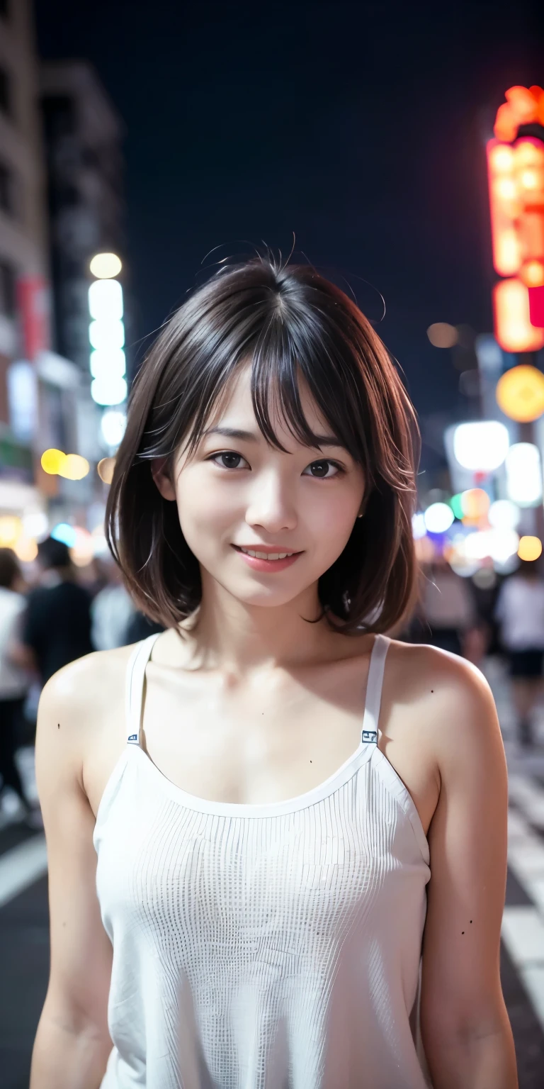 1 person, Tokyo Street,night, Streetscape,City lights,Upper Body,close,smile,, (8k, RAW Photos, Highest quality, masterpiece:1.2),(Realistic, photo-Realistic:1.37),