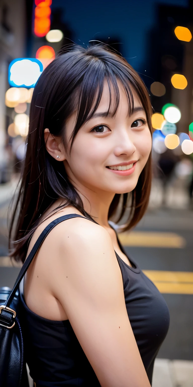1 person, Tokyo Street,night, Streetscape,City lights,Upper Body,close,smile,, (8k, RAW Photos, Highest quality, masterpiece:1.2),(Realistic, photo-Realistic:1.37),