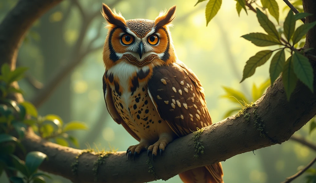 A majestic, wise owl perched on a branch, looking down at the scene below, ready to offer guidance.