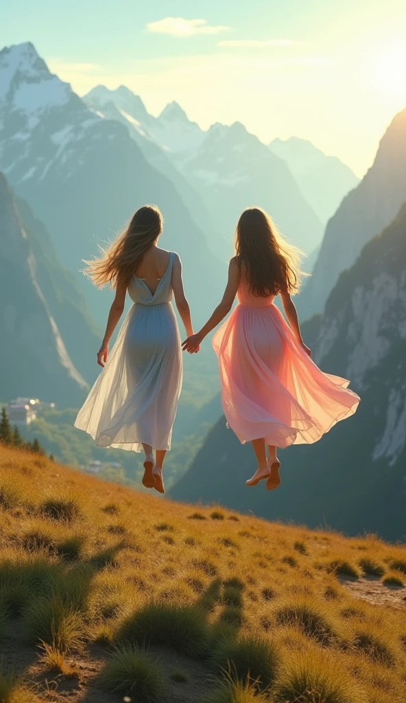 Create a realistic photo of two women levitating in mid-air, wearing flowing, loose-fitting summer outfits in pastel colors. The background should feature a breathtaking landscape with towering mountains, vast plains, and in the distance, a small village perched on a mountainside. The scene should be set at sunset, with the warm, golden light casting a serene and magical atmosphere over the entire landscape. The women's pastel outfits should billow gently as they float, and the overall composition should evoke a sense of tranquility and wonder.