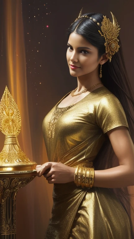 (beautiful movie decoration goddess sand, golden dress, shining gold tattoo), (Galactic shaman with quantum energy fantasy), fantasy magic, long hairstyle, dark light night, Complex, ethereal, sharp focus, figure, very detailed, digital painting, concept art, +Mattia, (Art by Wlop), (author:Justin Gerard and Jason Edmiston: 1.5), (Written by Greg Rutkowski: 0.4), (By Alphonse Mucha: 0.4), masterpiece