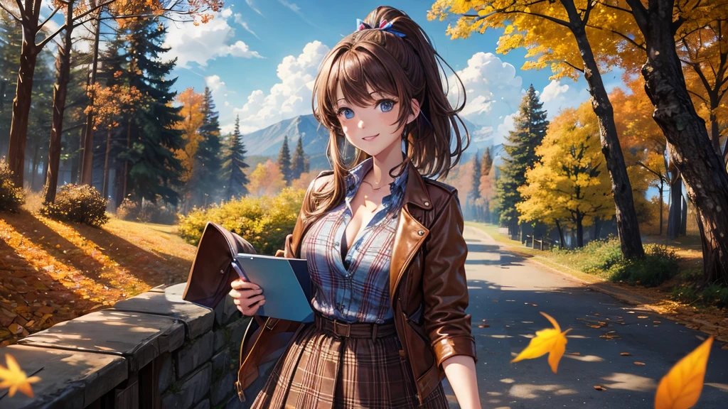 1girl, solo, trees, sun, clouds, autumn, colorful trees, falling leaves, ((brown hair)), ponytail, huge breasts, ((brown leather jacket)), button down shirt, ((blue checked shirt)), ((unbuttoned shirt)), unbuttoning buttons, cleavage 1:3, blue eyes, long skirt, brown boots, smile, happy, looking at the viewer, walking, hair ribbon, golden necklate