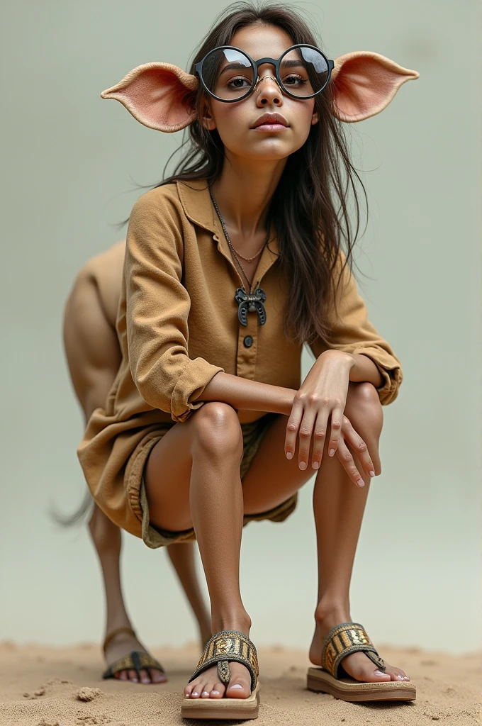 Fuse a human teenager with a camel piercing, glasses, chinelo