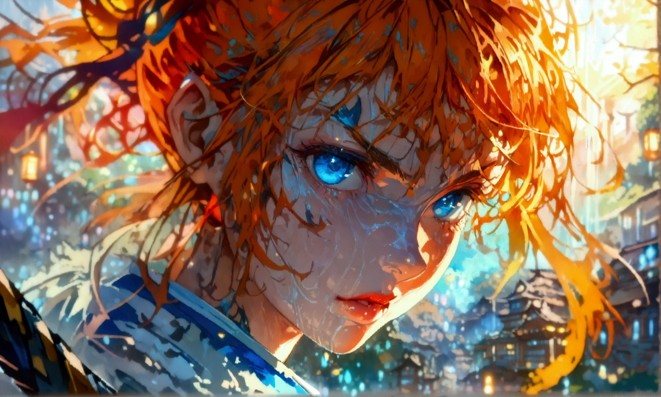 Girl, big messy orange hair, light blue eyes, white kimono with blue details, angry expression, ((Intricate anime character design inspired by Demon Slayer)), ((stunning lighting)), ((fine lines)), ((stunning focus)), ((stunning face)), ((detailed focus)), ((detailed background)), ((ultra-fine 2D design)), ((scenery bathed in creativity)), ((2D masterpiece)), ((best quality), ((8K)), ((anime style))