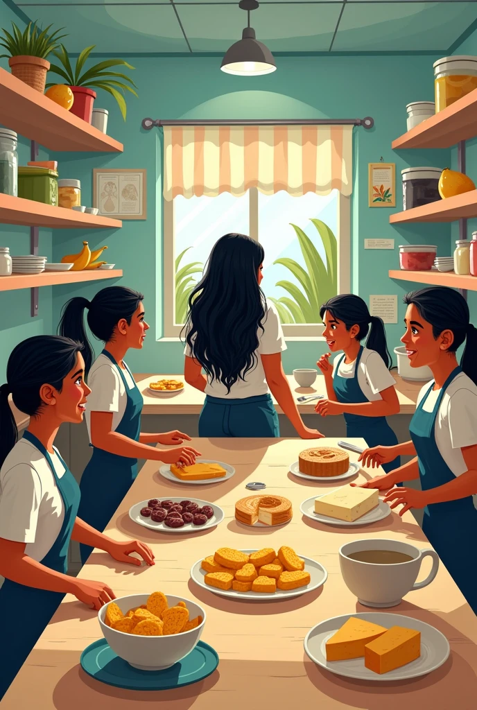 Create an image of a teacher with long black hair, with their students in a kitchen of an agricultural high school. These students are producing agricultural products, like cheeses, iogurtes, candies, compotas, bananas chips. The drawing doesn't need to be so realistic, but it doesn't need to be too simple either. Remember that they are high school students and both they and the teacher are of Brazilian origin, don't generate people with oriental characteristics.
