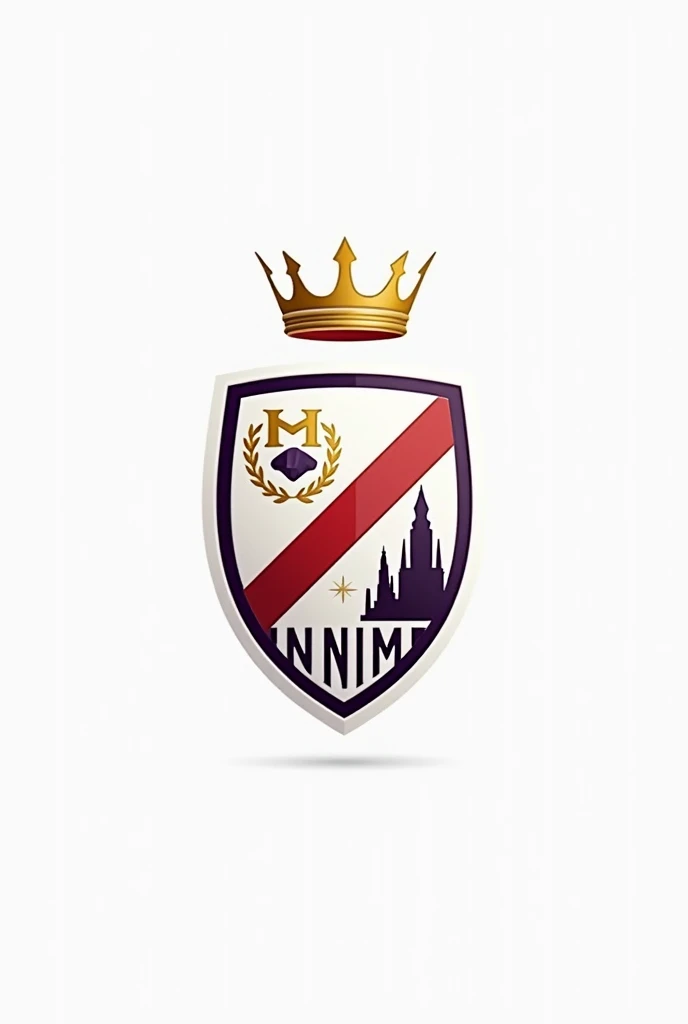 (photorealism:1.2) create a football logo, with classic and minimalist design , with predominant colors white, gold and purple, with representative details of the German city of Munich, the shield with a small German crown above it. (The shield should look like it's from the Champions and not modern.)