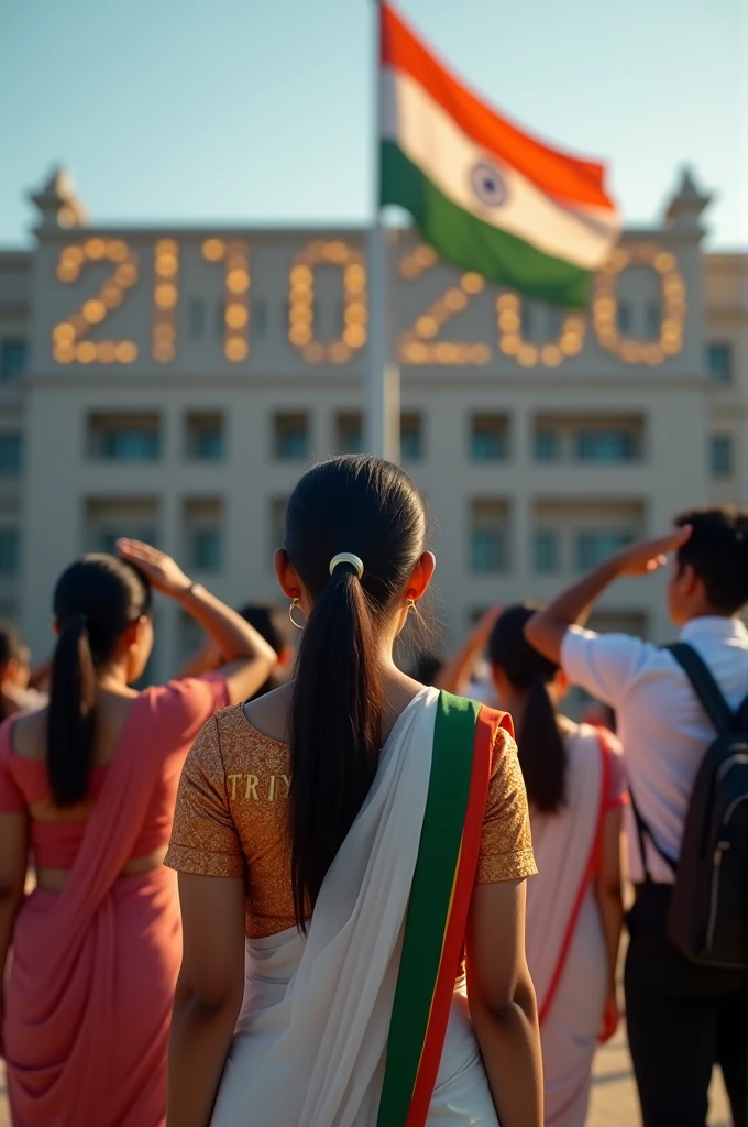 In a college campus, 27-year-old ROSHNI C (spelled R-O-S-H-N-I) leads a group of students in saluting the national flag as it's being hoisted. Priya is wearing a crisp white saree with a tricolor border. Her blouse has "PRIYA" printed in elegant gold letters. The lal qillah building behind is adorned with lights forming "15th August 2024". 4K image.