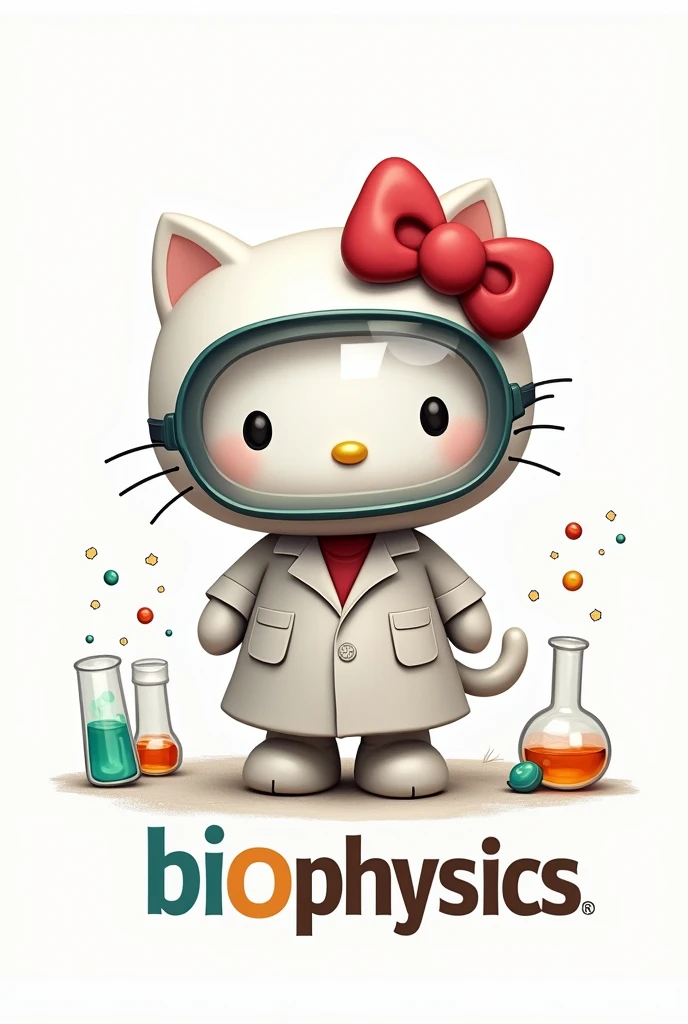 Hello kitty scientist with a white background written biophysics UFRJ very large in a cute cartoon style 