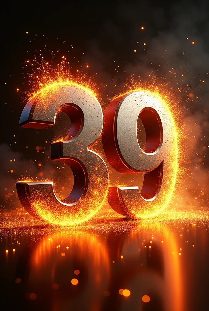Create the number 39 in metallic color with a lot of fire and pyrotechnic sparks