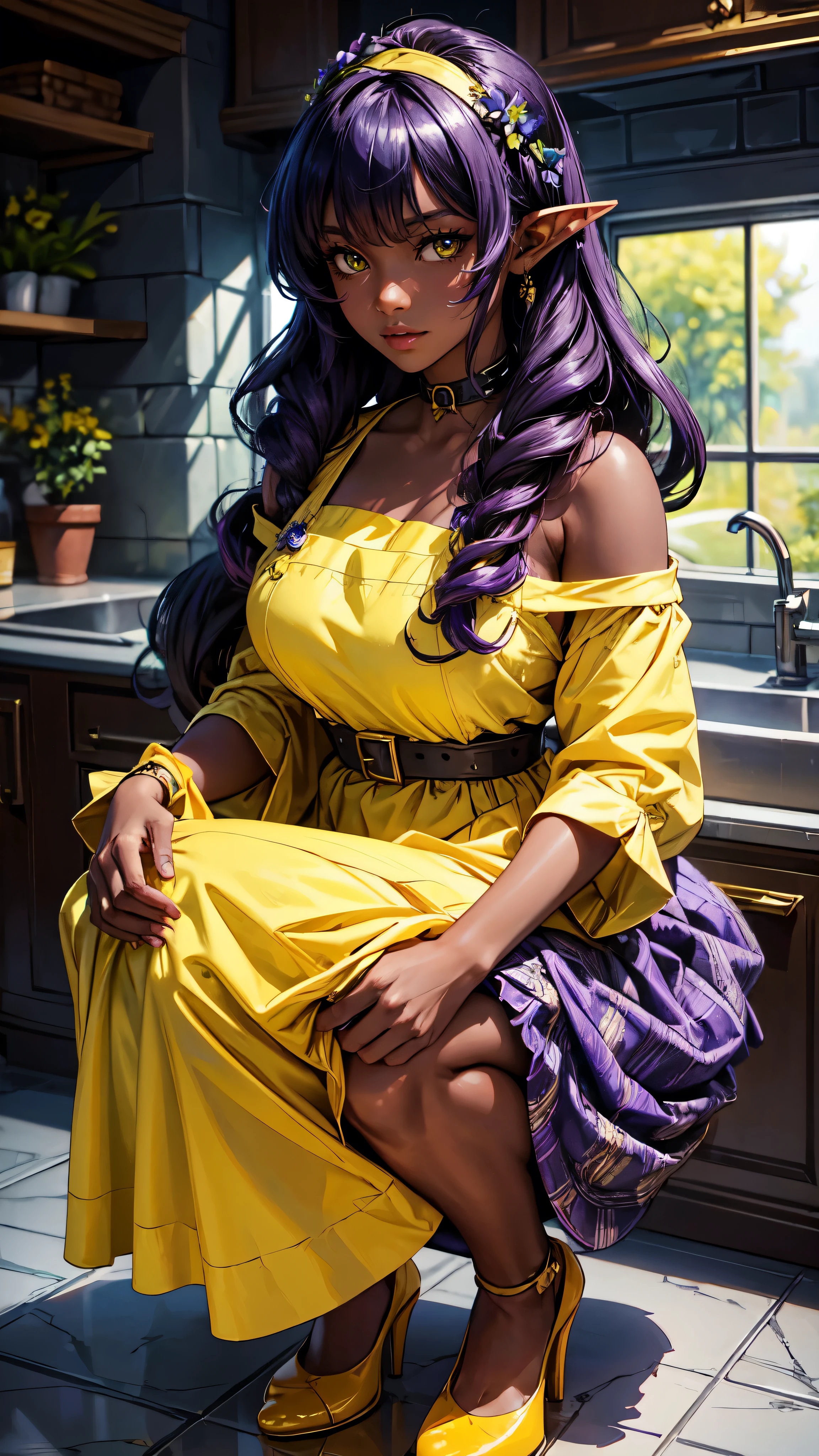 young woman, dark skin, purple hair, square, bangs cover the eye, purple flowers in hair, Yellow eyes, a green dress, dress with yellow elements, white apron,detailed face, detailed eyes, detailed handssexy woman,elf girl, full body