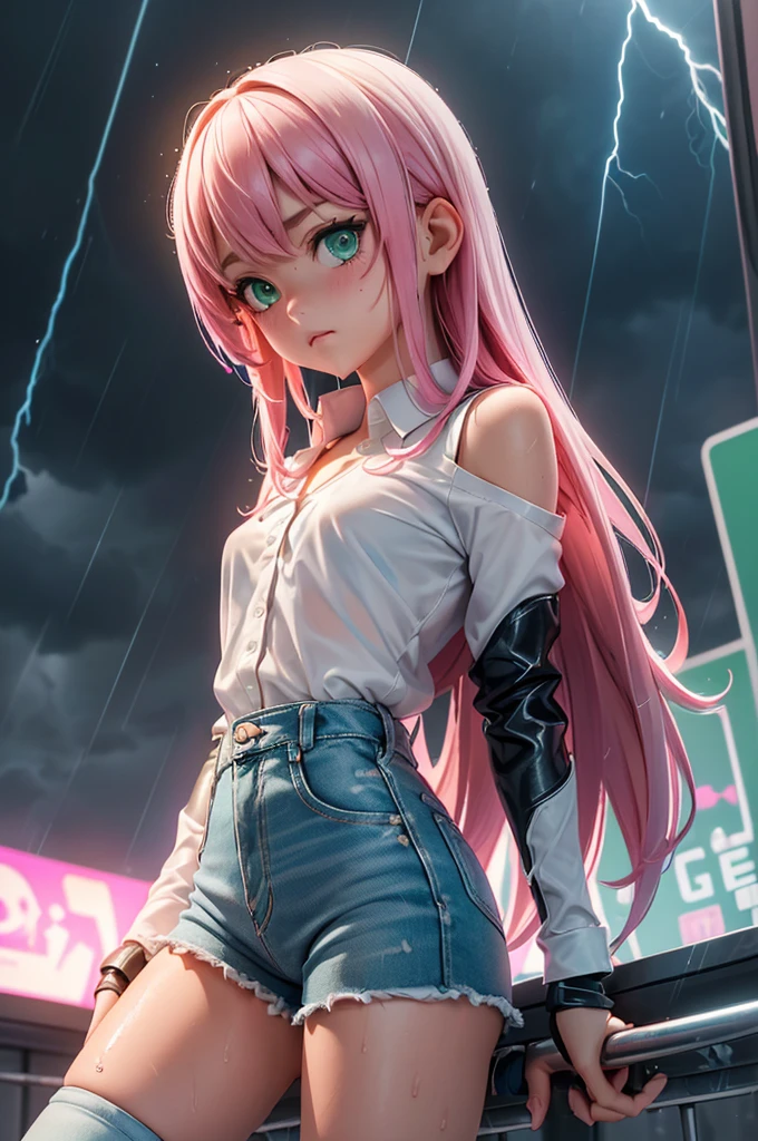 best quality, ultra-detailed, best illustration, masterpiece, high res (1girl:1.3), ((solo)), (perfect anatomy) (perfect face), (young girl (10 years old), fair skin, pink hair (shoulder length), green eyes, (((cowgirl outfit))), (((white shirt))), jean skintight black mini shorts, happy, blushing, (((flat chest))), in a futuristic setting with a green light, annoyed, cyberpunk, (drinking water), best anime 4k, cybersuits, in her school, ((during a storm))), (at night), (((wet))), ((rain)), (night), ((((alone)))), from behind