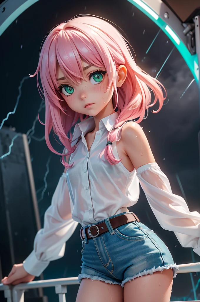 best quality, ultra-detailed, best illustration, masterpiece, high res (1girl:1.3), ((solo)), (perfect anatomy) (perfect face), (young girl (10 years old), fair skin, pink hair (shoulder length), green eyes, (((cowgirl outfit))), (((white shirt))), jean skintight black mini shorts, happy, blushing, (((flat chest))), in a futuristic setting with a green light, annoyed, cyberpunk, (drinking water), best anime 4k, cybersuits, in her school, ((during a storm))), (at night), (((wet))), ((rain)), (night), ((((alone)))), from behind