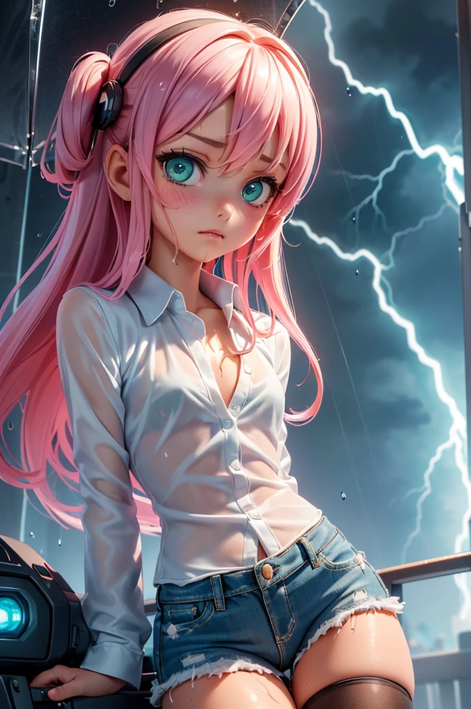 best quality, ultra-detailed, best illustration, masterpiece, high res (1girl:1.3), ((solo)), (perfect anatomy) (perfect face), (young girl (), fair skin, pink hair (shoulder length), green eyes, (((cowgirl outfit))), (((white shirt))), jean skintight black mini shorts, happy, blushing, (((flat chest))), in a futuristic setting with a green light, annoyed, cyberpunk, (drinking water), best anime 4k, cybersuits, in her school, ((during a storm))), (at night), (((wet))), ((rain)), (night), ((((alone)))), from behind