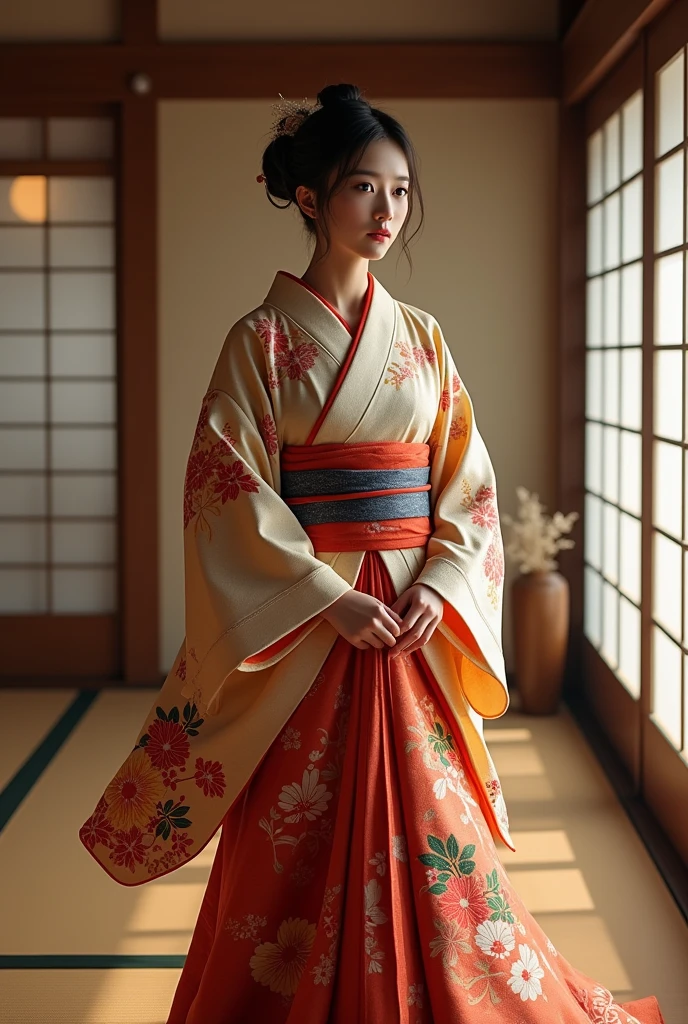 (8K, Best Quality, Masterpiece, Ultra High Definition: 1.2),kimono,Japanese room,hakama,fullbody