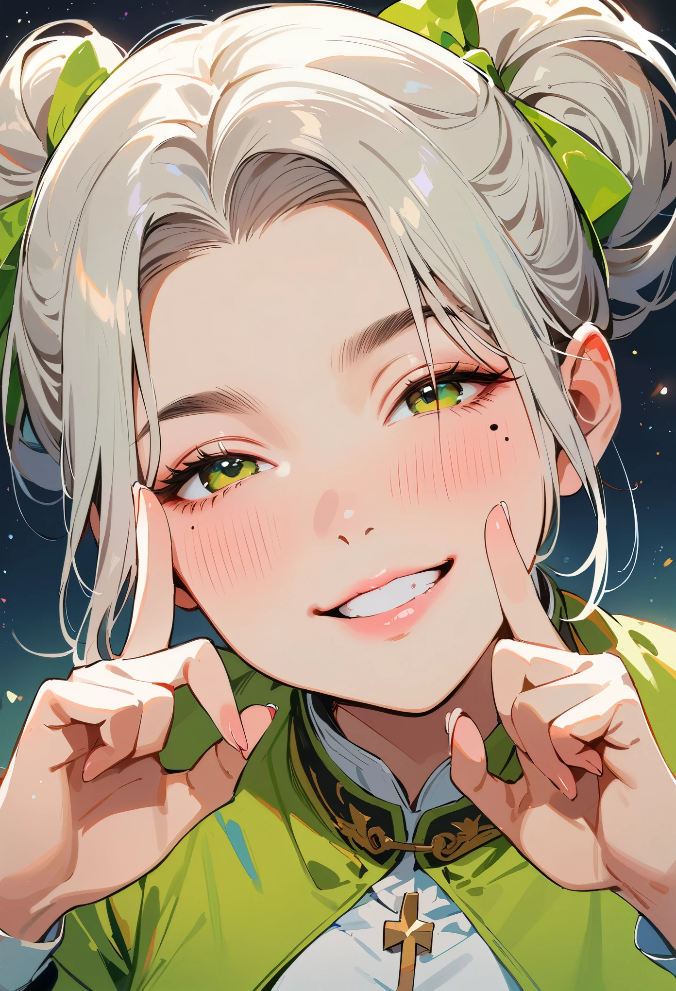 (masterpiece, best quality:1.4), 1 girl, 独奏, Star pupil, Blurred eyes, Close your left eye, Smile, Look up and down, peace gesture, Right tear mole, (Green double ponytail hairstyle:1.2),  Royal sister, large breasts, Vest, Midnight starry sky background.