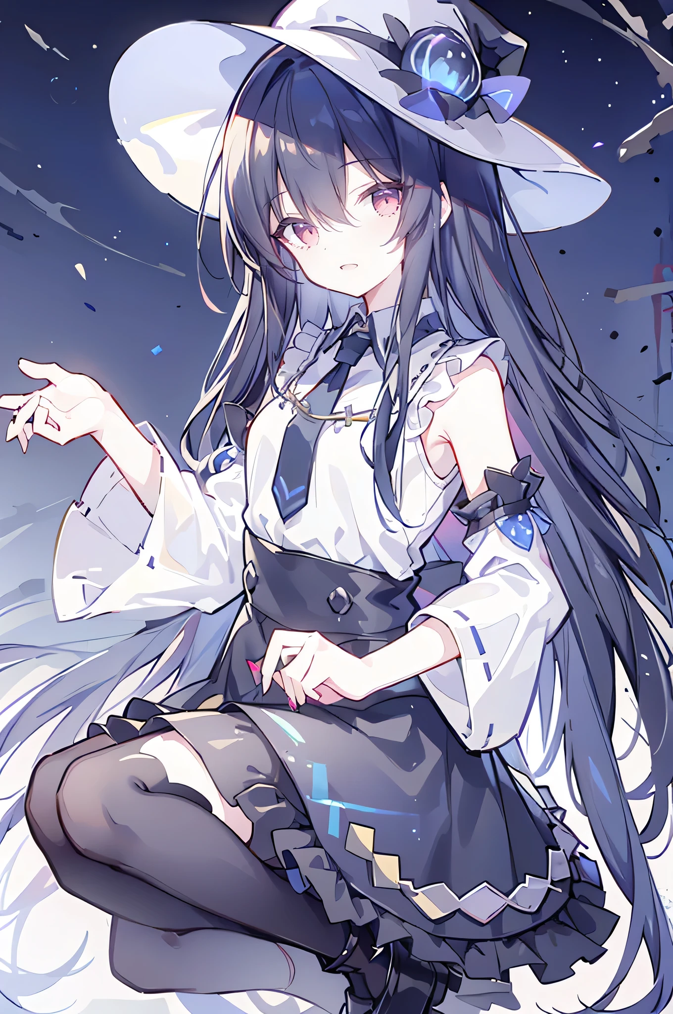 oung Girls,Humanity,A magician always smiles,big witch hat,cute,dark blue long hair,The eyes are dull,The bangs are heavy,Thin eyebrows,fantasy,intake,Double teeth,Star Theme,Constellation pattern,Solid color clothetal decoration,cloak,A bit of a dark atmosphere,A little crazy smile,When the big moon shines outside at night,blood,Hair black star embellishment,Short tie,No nails,High waist skirt,Bell sleeves,Long-sleeved shirt,Black tie,low risk,gentlemen。Mist、Yellow and white effect,Shocking pink as an accent color