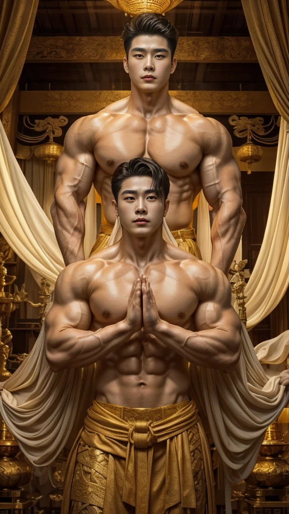 disconsolate,Ambient,artistic conception,large scene,The wind blew up the white curtains,Dattain lamps,Diffuse light,chest muscle,Shirtless, stubbles, Sideburns, musculature, Strong handsome korean guy, a golden statue of handsome men god , multiple hands holding some weapons, , Hanfu,Golden blue、Jing Qing Moqing、jackson wang, Plain cherry blue,Junyi,Dignified atmosphere,Temperament,Short hair, Flat-headed beautiful man,The light is gentle,The scene comes to life
