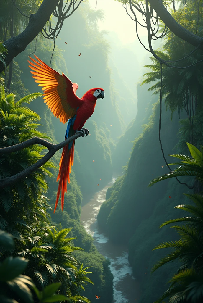 in 3d animation style " Parrot Observes from Above**: The parrot flies above the jungle canopy, keeping a sharp eye on the lion's movements. The view captures the dense jungle from above with the parrot soaring high.