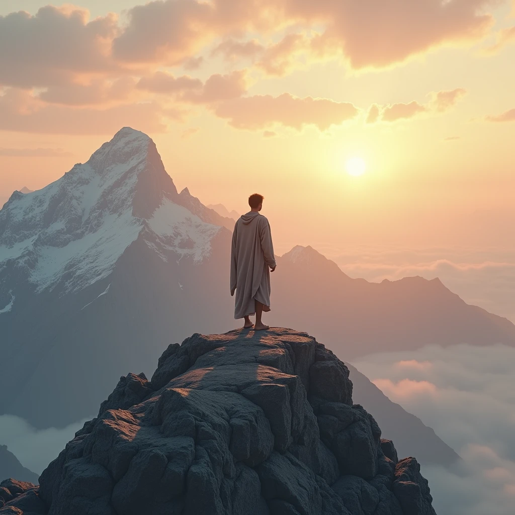 images Stoicism on the top of a mountain, watching the sunrise, expressing tranquility and connection with nature.