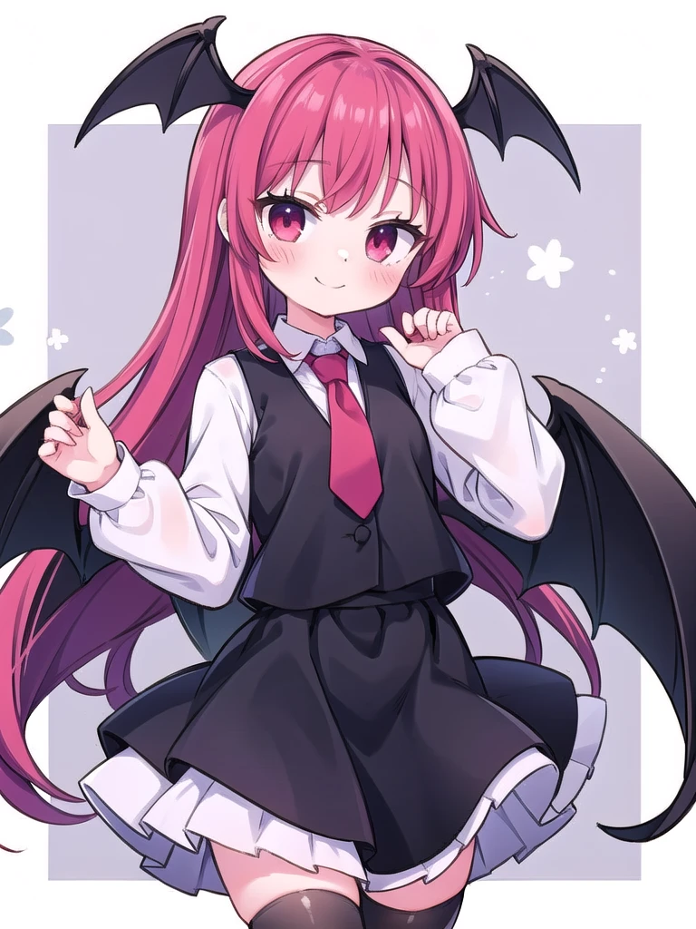 1girl, masterpiece, best quality, perfect hands, very long hair, red hair, koakuma, vest, black vest, black skirt, skirt, very short skirt, red necktie, necktie, white shirt, bat wings, black thighhighs, smile, blush