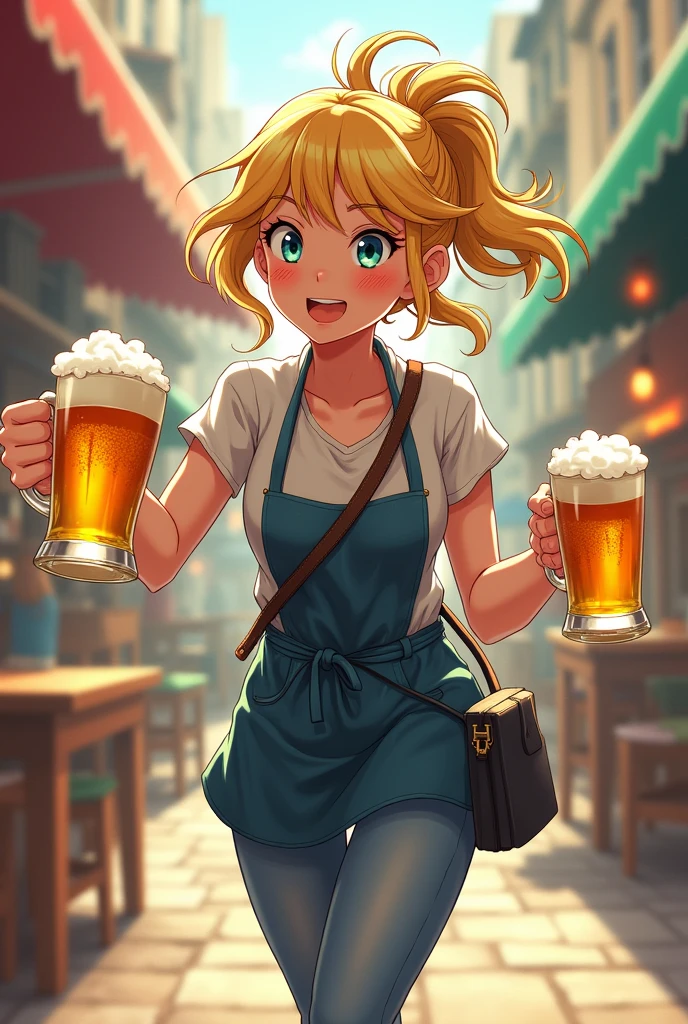 masterpiece, best quality, 1girl, outstretched hand, blunt bangs, long hair, ponytail, blonde hair, overalls, white shirt, bar, mugs of beer, shelves of alcohol, ,