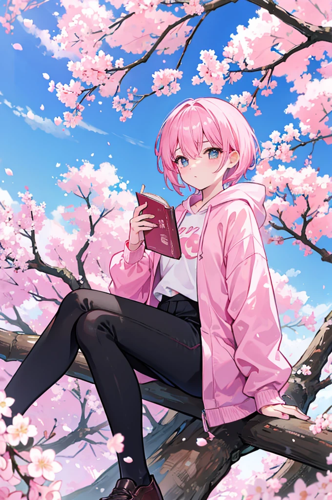 sitting under a cherry blossom tree reading a book、Pink short hair、wearing a pink hoodie and black pants、youth、man