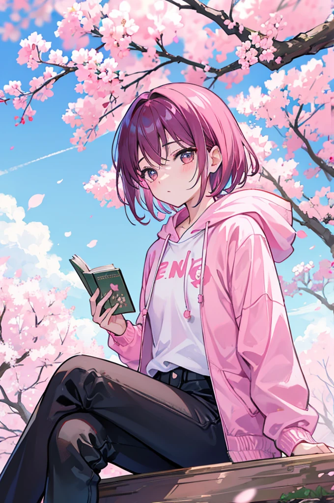 sitting under a cherry blossom tree reading a book、Pink short hair、wearing a pink hoodie and black pants、youth、man