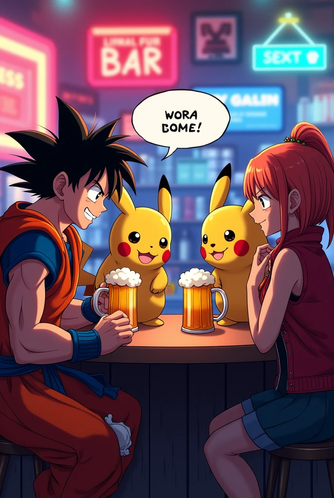 Anime crossover scene at bustling bar. Goku, Luffy (One Piece), Pikachu, and Ava sitting at counter with beer mugs. Colorful neon backdrop. Comic-style speech bubbles:
Goku: 'Anyone else tired of constantly saving universes?'
Ava: 'Let's swap stories about the weirdest food we've encountered!'
Luffy: 'I bet I can drink more than all of you combined!'
Pikachu: 'Pika pika' (translated: 'I can't believe I'm the designated driver again.')
Digital art style, vibrant colors, characters in iconic outfits, expressive anime facial features."