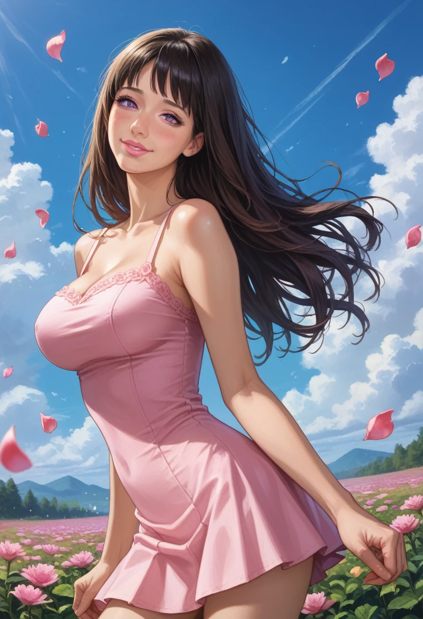 masterpiece, absurdres, hinata\(boruto\), 1girl, solo,mature female, mini dress of shoulder, outdoors, looking at viewer, (falling petals), cloudy sky, perfect composition, detailed lips, big breast, beautiful face, body propotion, blush, (pink lips), long hair, purple eyes, soft gaze, sad smile, super realistic, detailed, photoshoot, realistic face and body