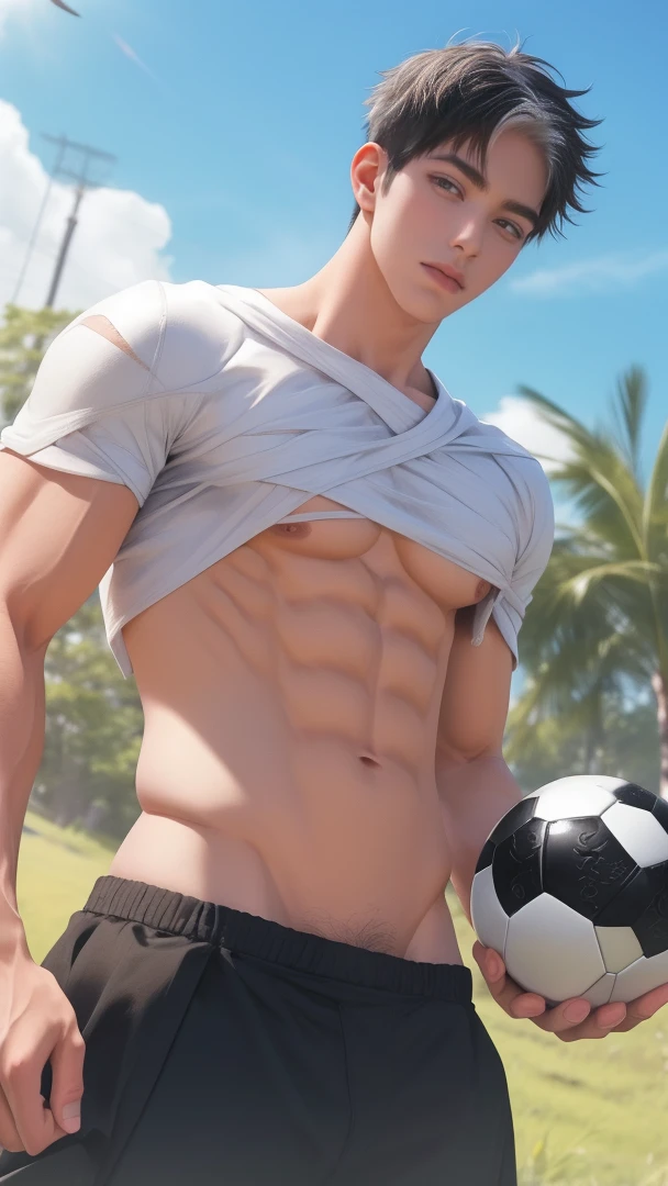 1 male, handsome Japanese male model, high resolution 4k, adult, perfect face, detailed eyes and face, muscular, white eyebrow hair, white eyelashes, Naked torso, Detailed face, perfect face, real skin texture, detail Perfect hand, details, Real and complete hand details, unreal engine, hd picture, satoru gojo, Jujutsu kaisen, white hair, short hair ,hair between eyes ,blue eyes, white skin, hold the ball