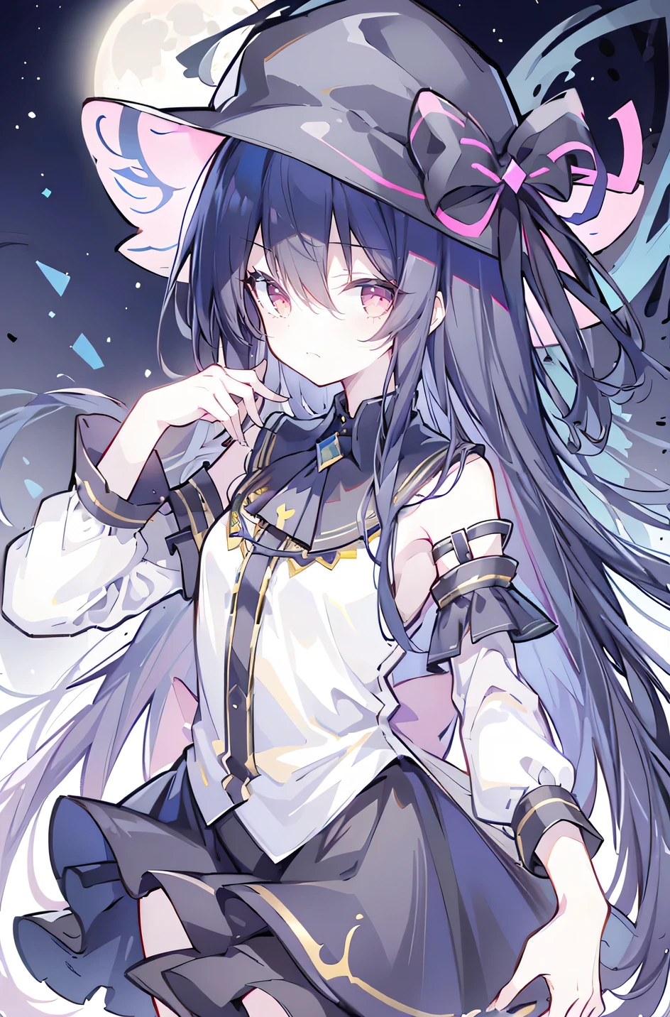 oung Girls,Humanity,A magician always smiles,big witch hat,cute,dark blue long hair,The eyes are dull,The bangs are heavy,Thin eyebrows,fantasy,intake,Double teeth,Star Theme,Constellation pattern,Solid color clothetal decoration,cloak,A bit of a dark atmosphere,A little crazy smile,When the big moon shines outside at night,blood,Hair black star embellishment,Short tie,No nails,High waist skirt,Bell sleeves,Long-sleeved shirt,Black tie,low risk,gentlemen。Mist、Yellow and white effect，Shocking pink as an accent color