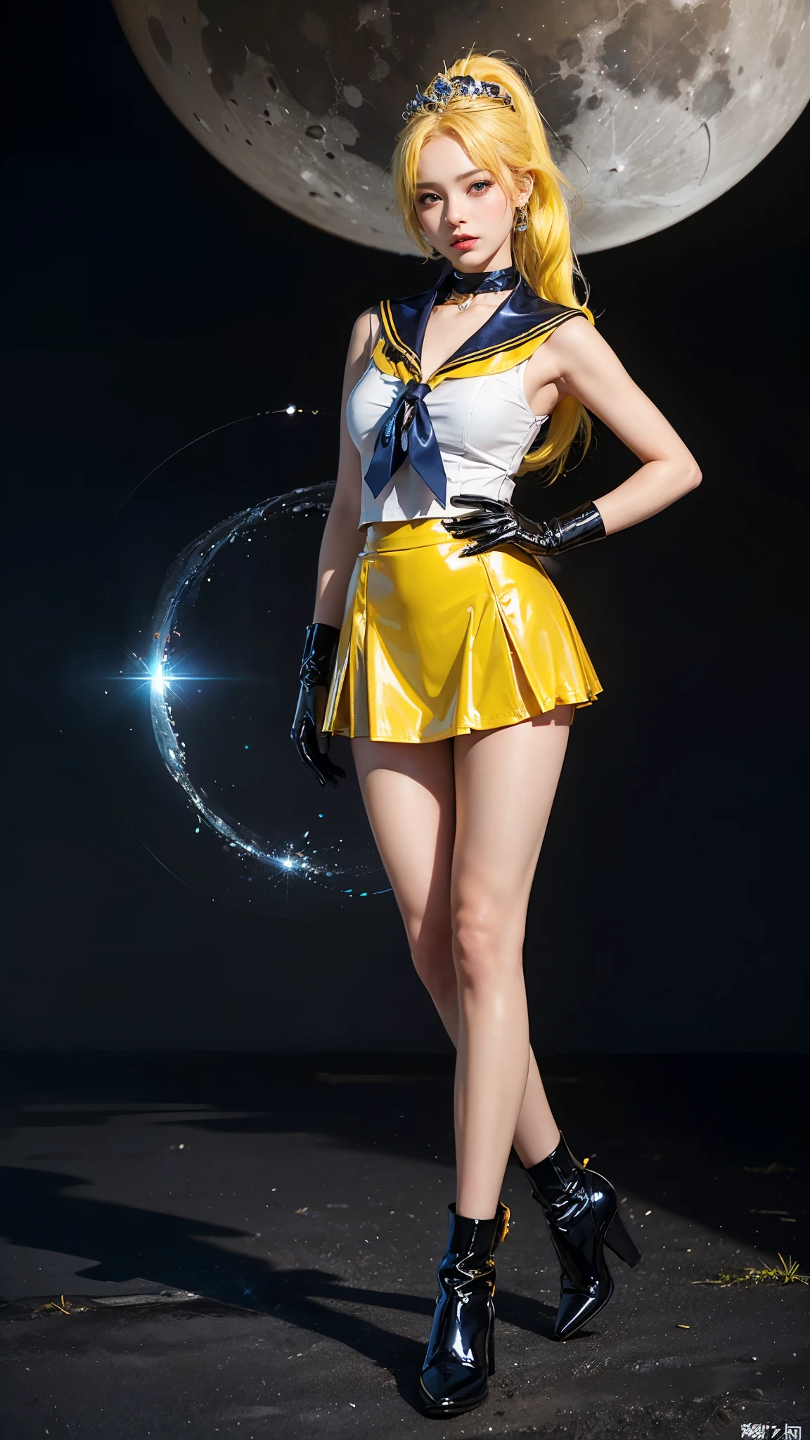 ((masterpiece:1.4)、(Highest quality:1.4)、(Realistic:1.7))、Masterpiece:1.4、(Top-notch rendering:1.4)、beautiful girl、(beautiful girl戦士セーラームーン2:1.7)、moon野うさぎ、(Body Fit Sexy Sailor Warrior Uniform:1.4)、(Shiny latex:1.7)、(The jacket is a white sleeveless sailor suit....:1.4)、(Skirt Blue Sexy Ultra Ultra Pleated Mini Skirt:1.4)、The sailor suit collar has two thin blue lines...............:1.2、High leg swimsuit、Red cloth decoration on chest:1.2、(Wearing white gloves)、cute、Super Beauty、Sharp Focus、Portrait Photography:1.4、8k、Photorealistic images:1.4、(Perfect female body:1.4)、Perfect proportions、(Full body photography:1.4)、Beautiful Face、Beautiful Eyes、(Narrow waist:1.4)、(Beautiful style with 9 proportions:1.4)、(足が長くスタイルの良いbeautiful girl:1.4)、Beautiful feet:1.2、(Yellow Hair:1.7)、(Long Hair:1.2)、(ponytail:1.2)、Beautiful breasts、Large Breasts:1.2、sexy ass、Raw photo、Red lips、Red high heels:1.4、choker:1.4、necklace:1.4、Earrings:1.4、Gorgeous golden tiara:1.4、1 Screen Display:1.4、moon、universe、universe船、universeステーション、City of the Future