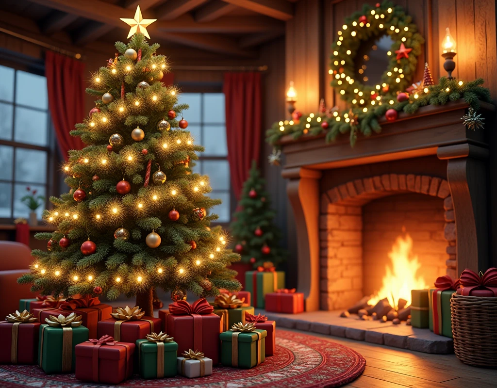 Christmas tree, gifts under the tree, a fireplace