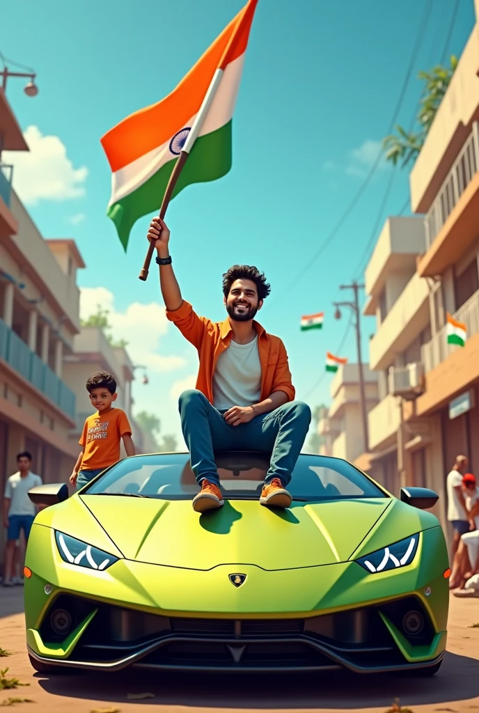 realistic Indian 32 year old man sitting on Lamborghini car Holding Indian flag and celebrating India festival happy independence day with background of blue sky in Indian Street boy wearing pant, white t-shirt with name”anshu”style hair on it by the way childrens are holding Indian flag playing round, smart, shoes, some children also playing, and someuncles drinking tea at a shop. also a text written “Happy independence day”at top, 3D art painting real photo wit high resol