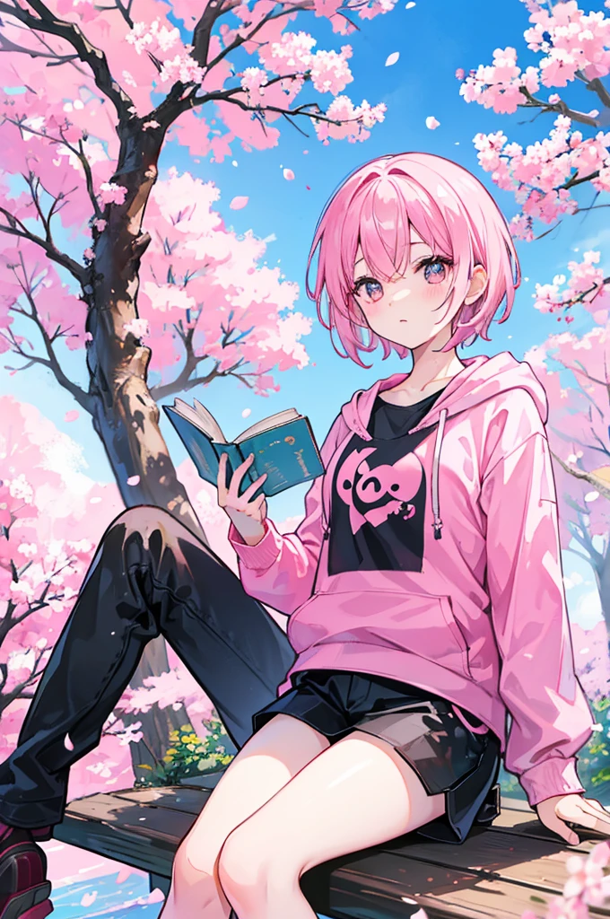 sitting under a cherry blossom tree reading a book、Pink short hair、wearing a pink hoodie and black pants、youth、man