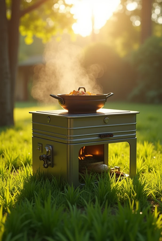 A solar oven with a pot inside, place it on a lush green lawn and next to it a radiant light from the sun.