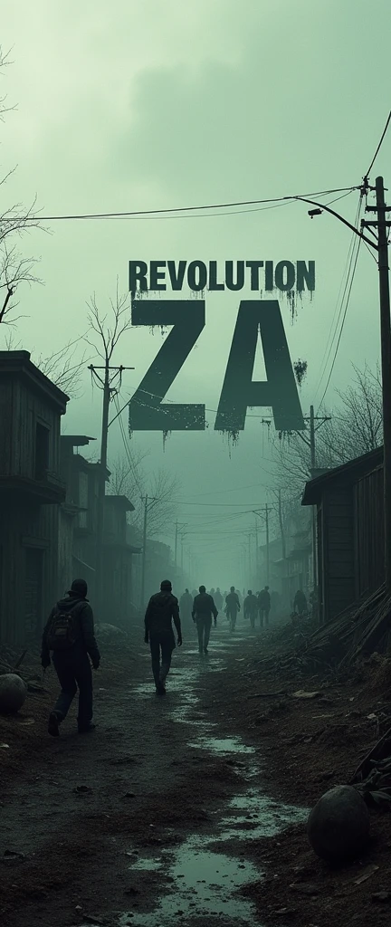 A dayz landscape wallpaper with the name Revolution ZA in 4K resolustion in a dark theme with zombies 

